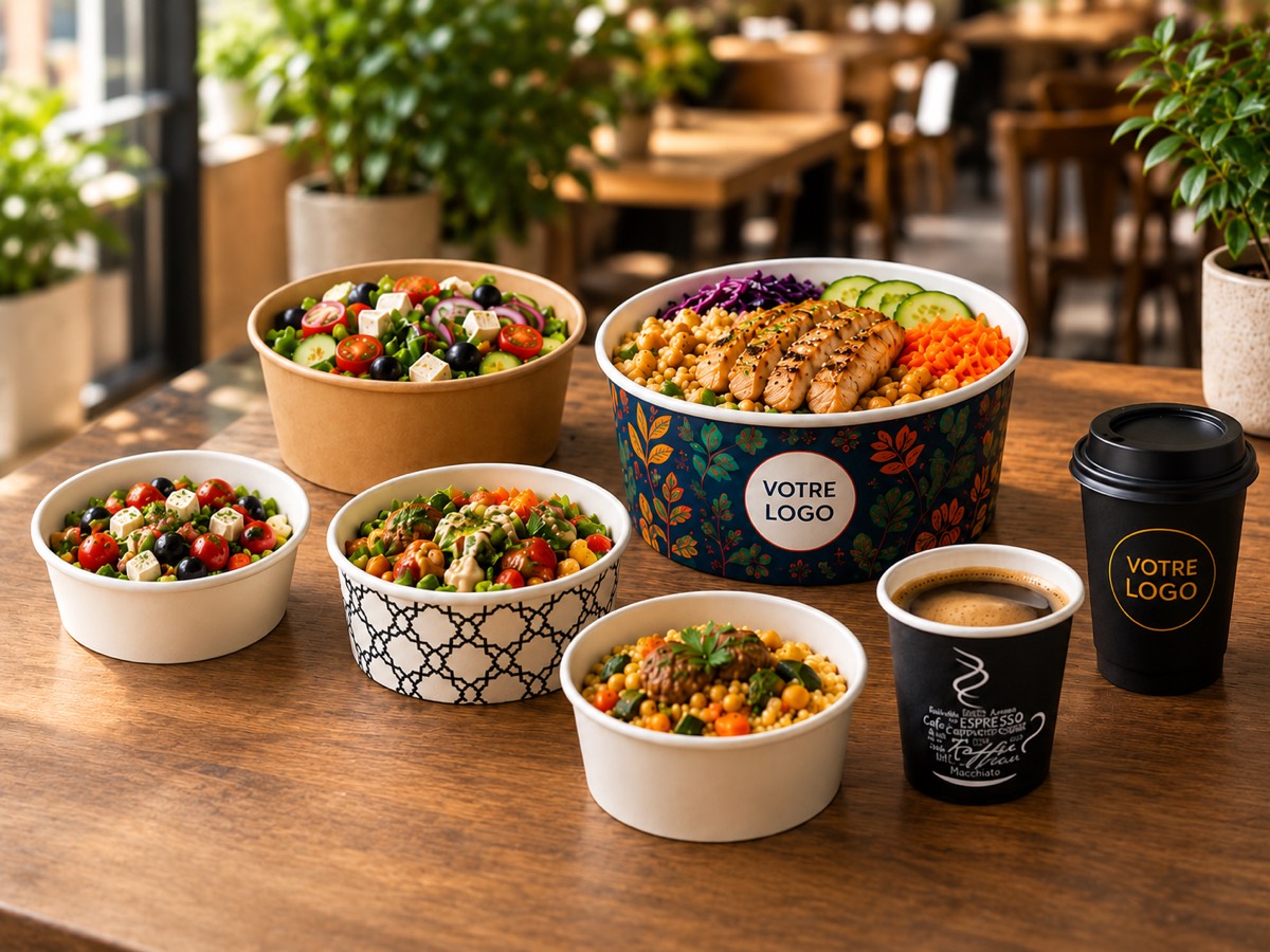 Mise en situation générée : salade, bols kraft et gobelets papier
